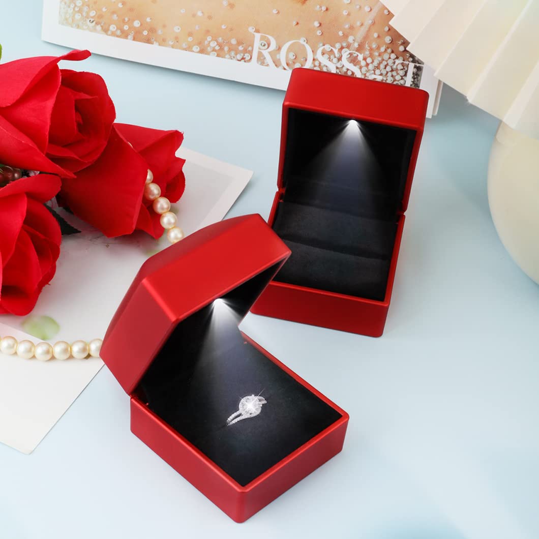 Rolin Roly 2PCS Red Ring Box with LED Light Square Jewelry Ring Case Jewellry Display Gift Boxes for Wedding Ring Box Ceremony Engagement Proposal…