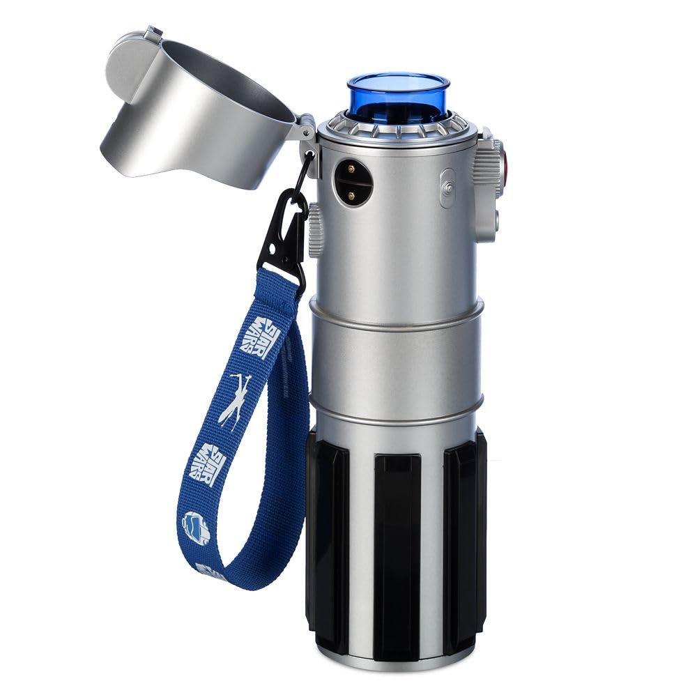 Disney Store Official Star Wars Lightsaber Water Bottle with Sound & Light Effects, Translucent Blue Sleeve, Red Button Pop Top, Silicone Flange