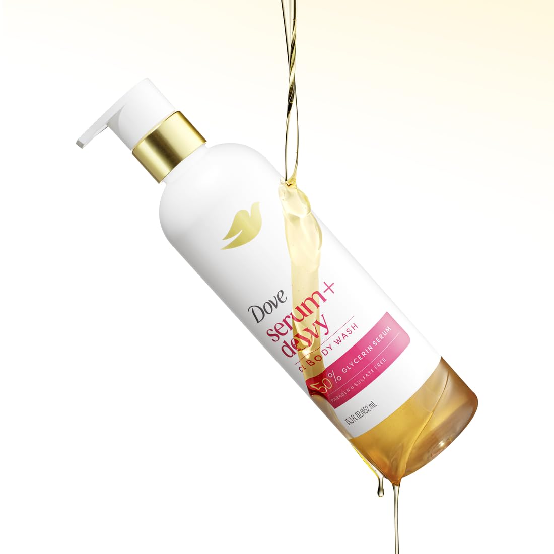 Dove Serum+ Shower Oil Body Wash with Coconut & Geranium Oil, Dewy Hydrating Cleanser for Soft Skin, 15.3 fl oz