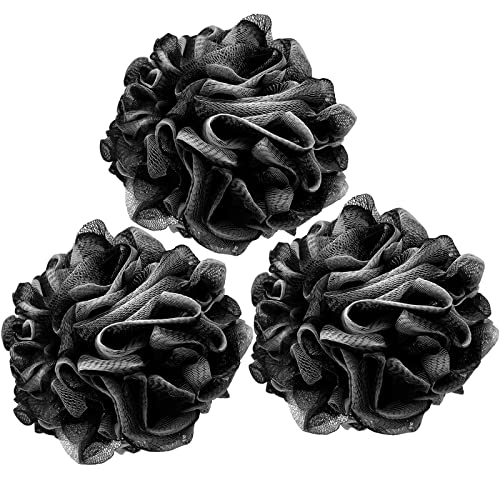 Loofah Charcoal Bath Shower Sponge Body Scrubber,75g XL Exfoliate Mesh Pouf Shower Bouquet,3 Pack Black Large Bath Sponge for Women and Men