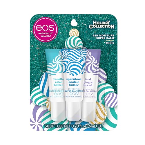 eos Holiday 24H Moisture Mini Super Balm Set- Speculoos Cookie Butter, Iced Gingerbread, Vanilla Cake Batter, Limited-Edition Lip Care, Stocking