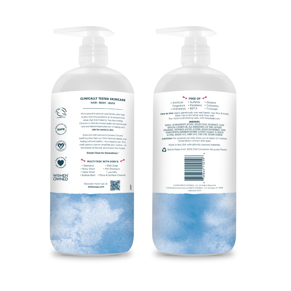 Kirk's Original Fresh 3-in-1 Nourishing Cleanser and Travel Bar Soap, Shampoo Body Wash Bubble Bath, Coconut Oil and Aloe Vera, Vegan Non-GMO, 32 Fl