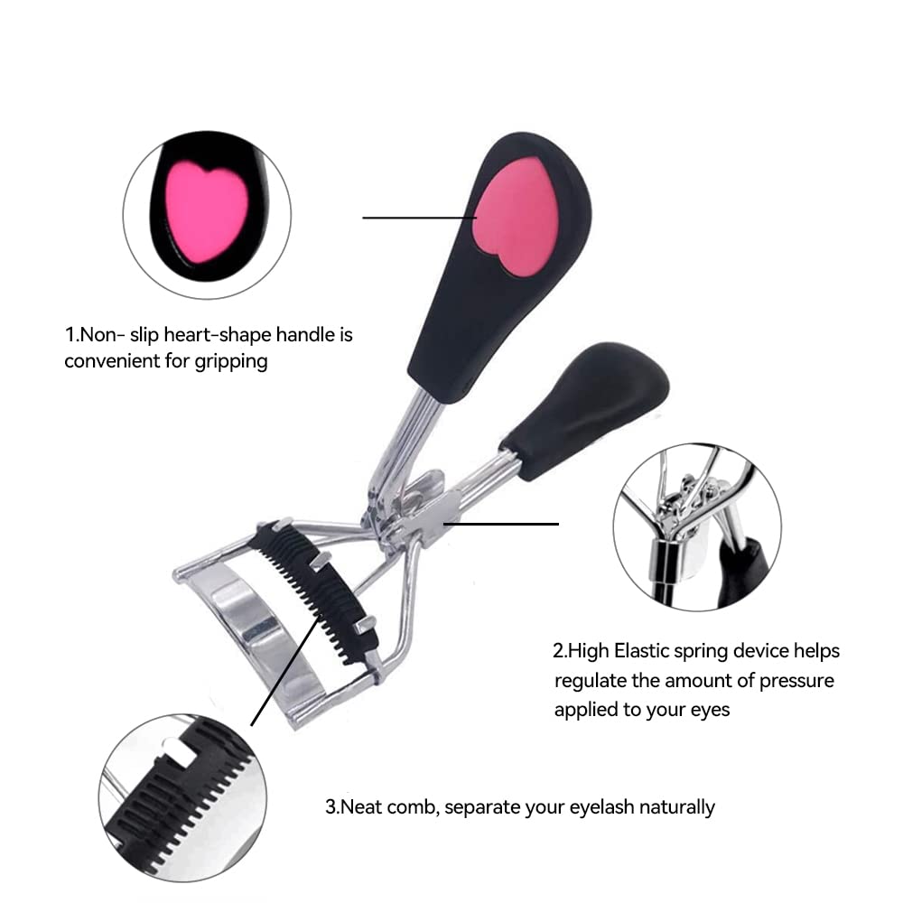 Stainless Steel Eyelash Curler with Built-in Comb Pinch Pain-Free Lash Curler with Brush Suitable for Any Eye Shapes and Sizes and with 5 Silicone