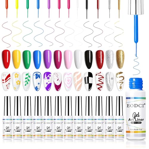eodci Nail Art Gel Liner Set, 12 Colors Black Red Pink Yellow Green Glitter Fall Winter Gel Polish for Swirl French Tip Painting Designs Soak Off