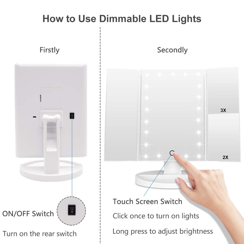 WEILY Makeup Mirror with 21 LED Lights,Two Power Supply Modes, Adjustable Touch Screen and 1x/2x/3x Magnification Tri-Fold Vanity Mirror,Chargeable