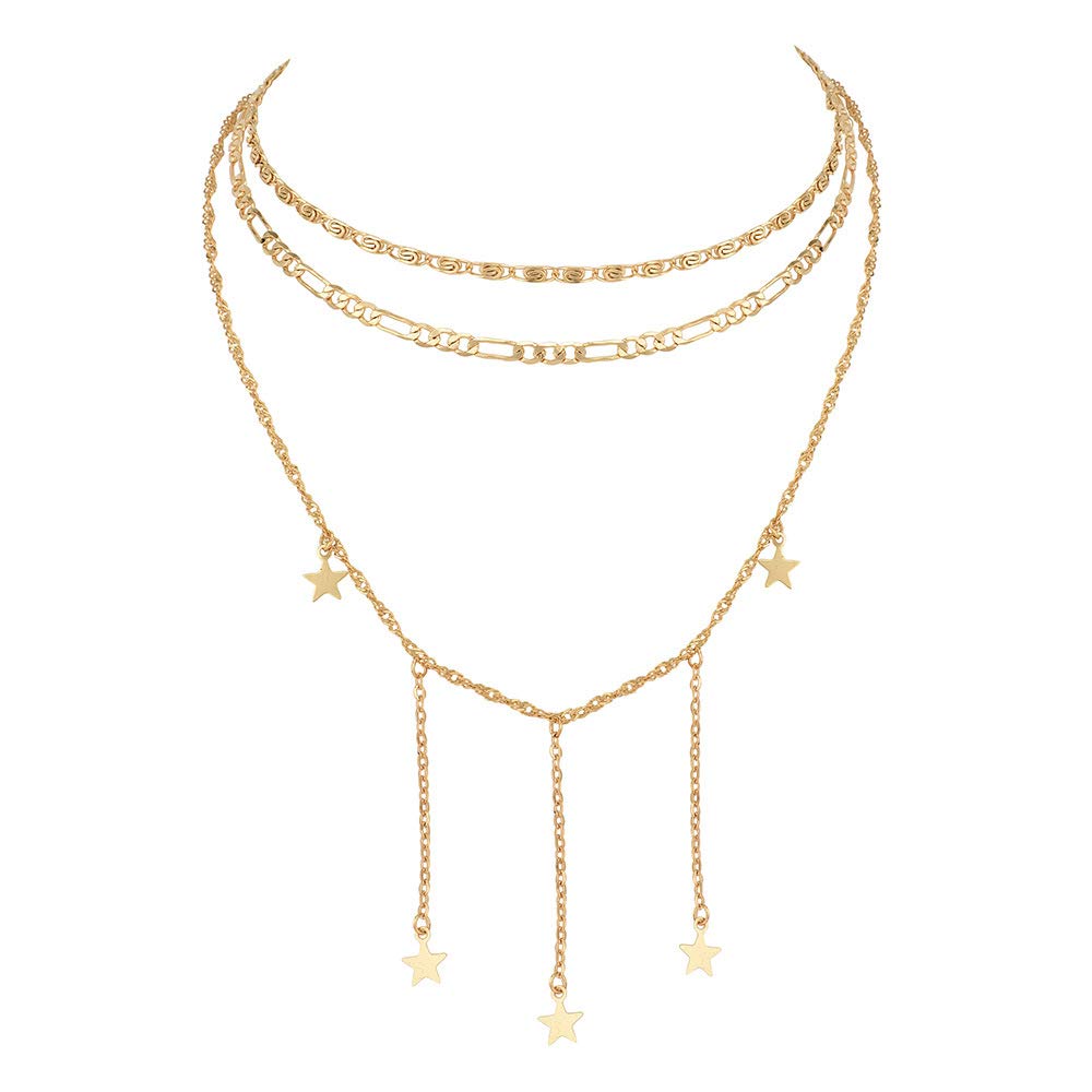 DoubleNine Star Pendant Layering Necklaces Tassels Charm 2 Way Choker Gold Sequins Chic Dainty Jewelry Accessories for Bridesmaid Women Girl set of 2