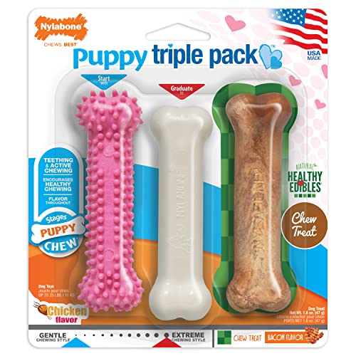 Nylabone Puppy Chew Toys & Natural Treats Triple Pack – Pink, Chicken & Bacon Flavor – Small Dogs up to 25 lbs – 3 Pack