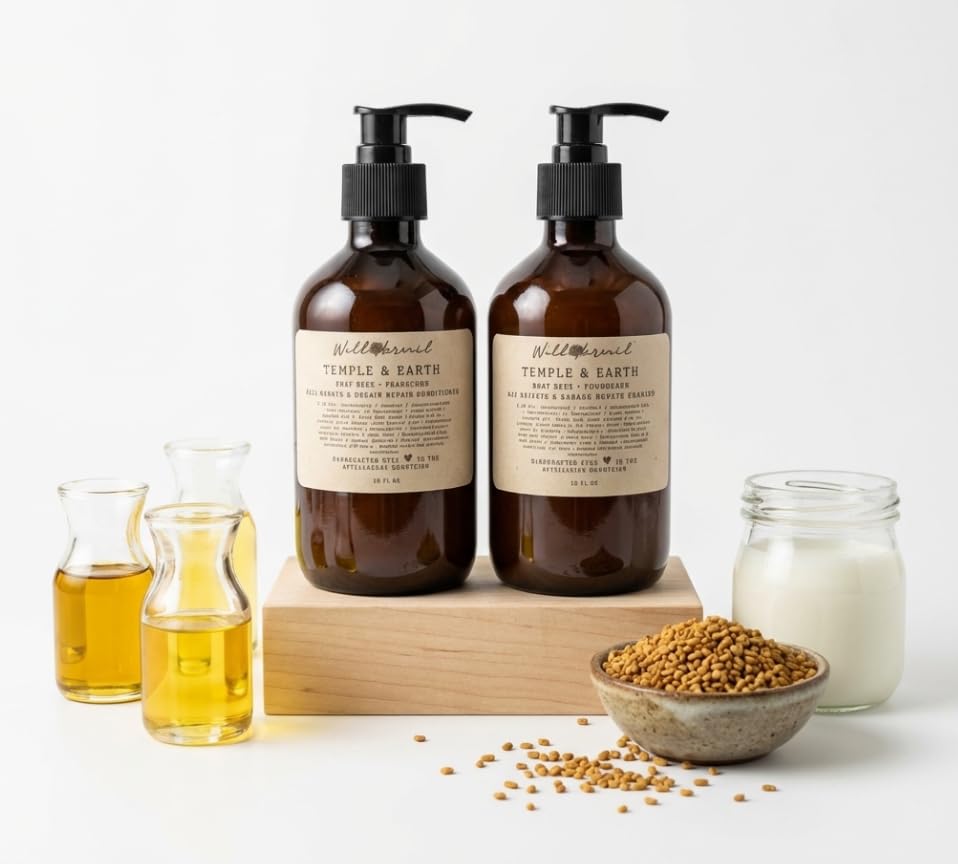 Wild Hermit Wellness Temple & Earth Fenugreek Shampoo and Conditioner Set, Hair Strengthening, Scalp Soothing, 10 oz Each, 2 Count