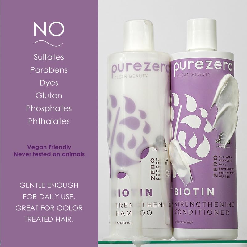 Purezero Biotin Shampoo & Conditioner Set - Anti Thinning Formula - Volumizing, Thicker, Fuller Hair - Zero Sulfates, Parabens, Dyes, Gluten - 100%