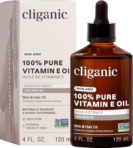 Cliganic Pure Vitamin E Oil for Skin, Scars, Hair & Face - 120,000 IU, Non-GMO Verified | Natural D-Alpha Tocopherol