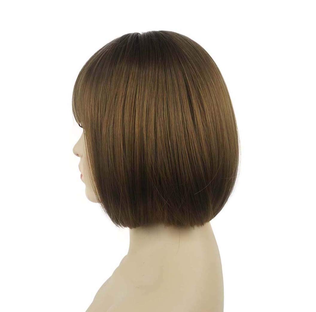 Lydell 8" Straight Short Bob Hair Flat Bangs Cute Central Dot Skin Top Heat Resistant Synthetic Wigs (Light Reddish Golden Brown)
