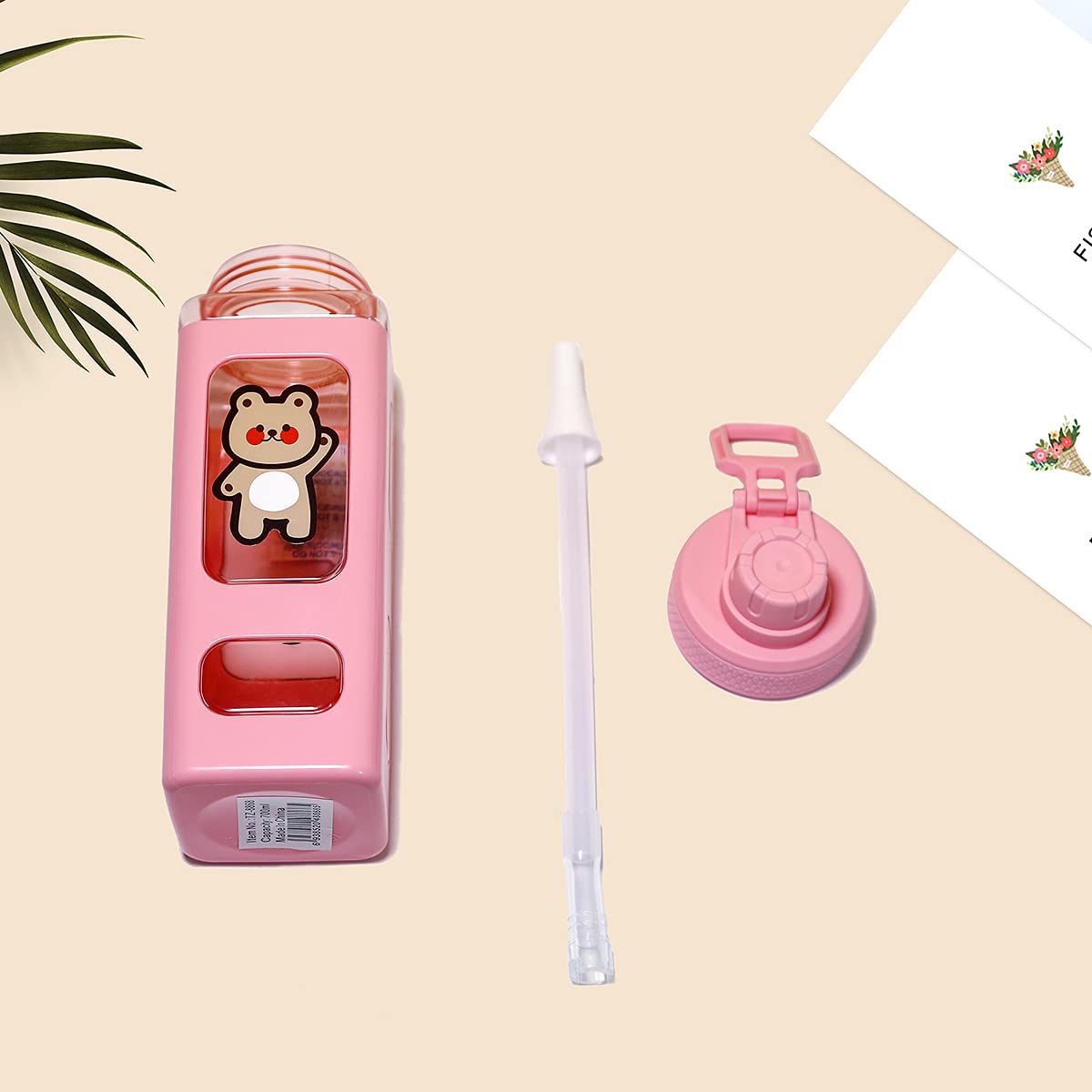 PEXIZUAN Kawaii Bear Water Bottle With Straw Sport Plastic Portable Square Drinking Bottle For Girl Cute Juice Tea Water Cups 700ml(Pink,700ml)