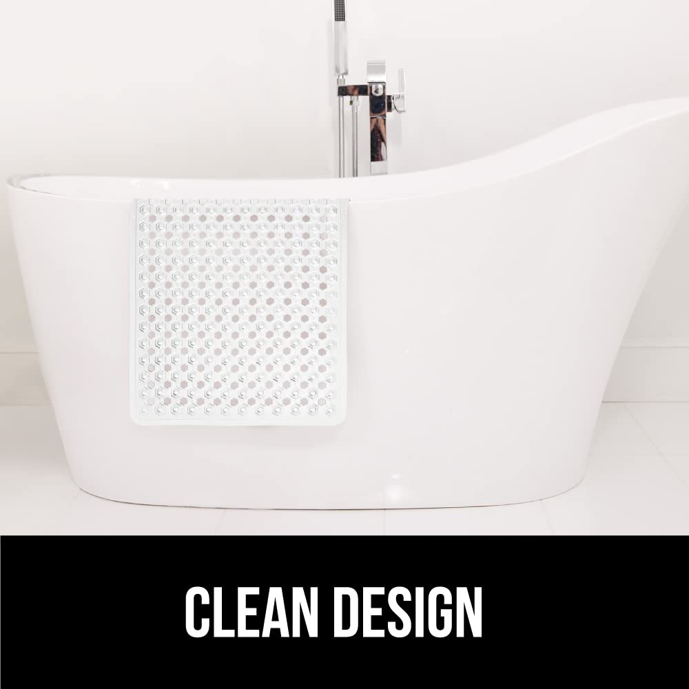 GORILLA GRIP Bath Tub Shower Mat – 35x16" Clear Mat with Suction Cups & Drain Holes, Soft on Feet, Machine Washable, Bathroom Essential