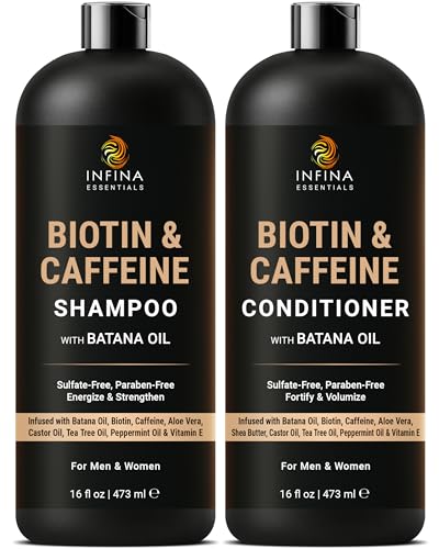 INFINA ESSENTIALS Caffeine Biotin Shampoo and Conditioner Set | Hair Thickening & Strengthening | 16 fl oz Each | with Batana Oil & Castor Oil |
