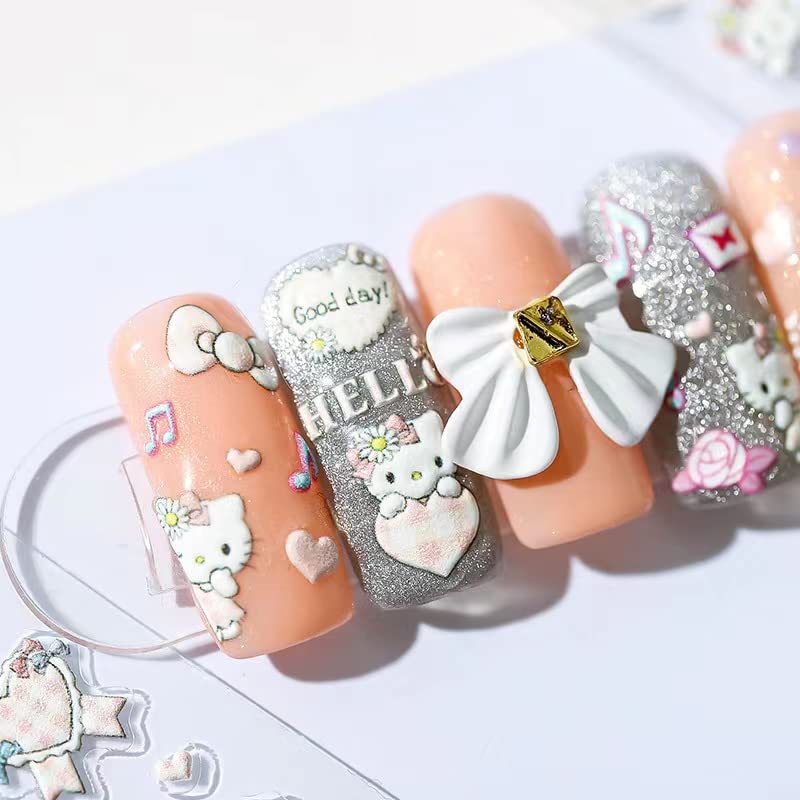 Dedyel Cute Nail Stickers 5D Embossed Cartoon Cat Nail Stickers Kawaii Animal Self-Adhesive Nail Decals for Women Girls Kids Nail Art Decoration