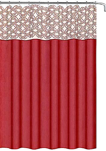 Decorative Red Fabric Shower Curtain: Scroll Embroidery on Sheer Panel Design