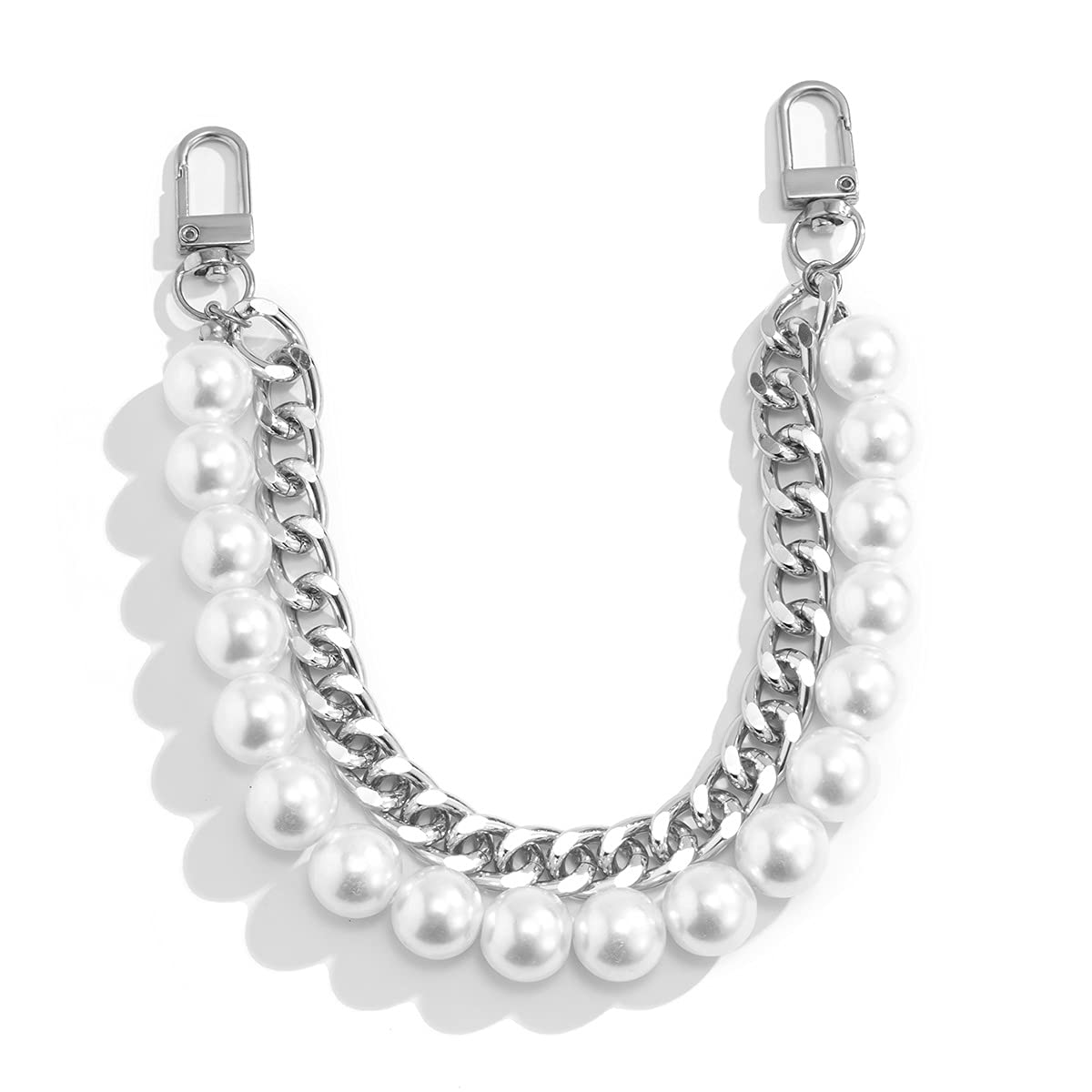 Xerling Short Pearl Bead Purse Handle Chain Heavy Chunky Cuban Handbag Chain Purse Replacement Strap Layered Bag Decoration Accessories Women (Silver)