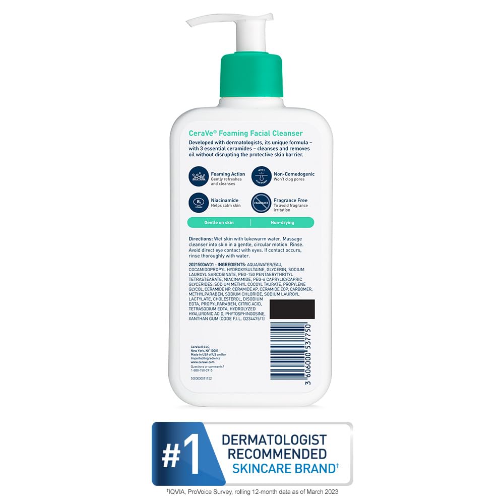 CeraVe Foaming Facial Cleanser, Daily Face Wash for Oily Skin with Hyaluronic Acid, Ceramides, and Niacinamide, Fragrance Free Paraben Free, 12 Fluid