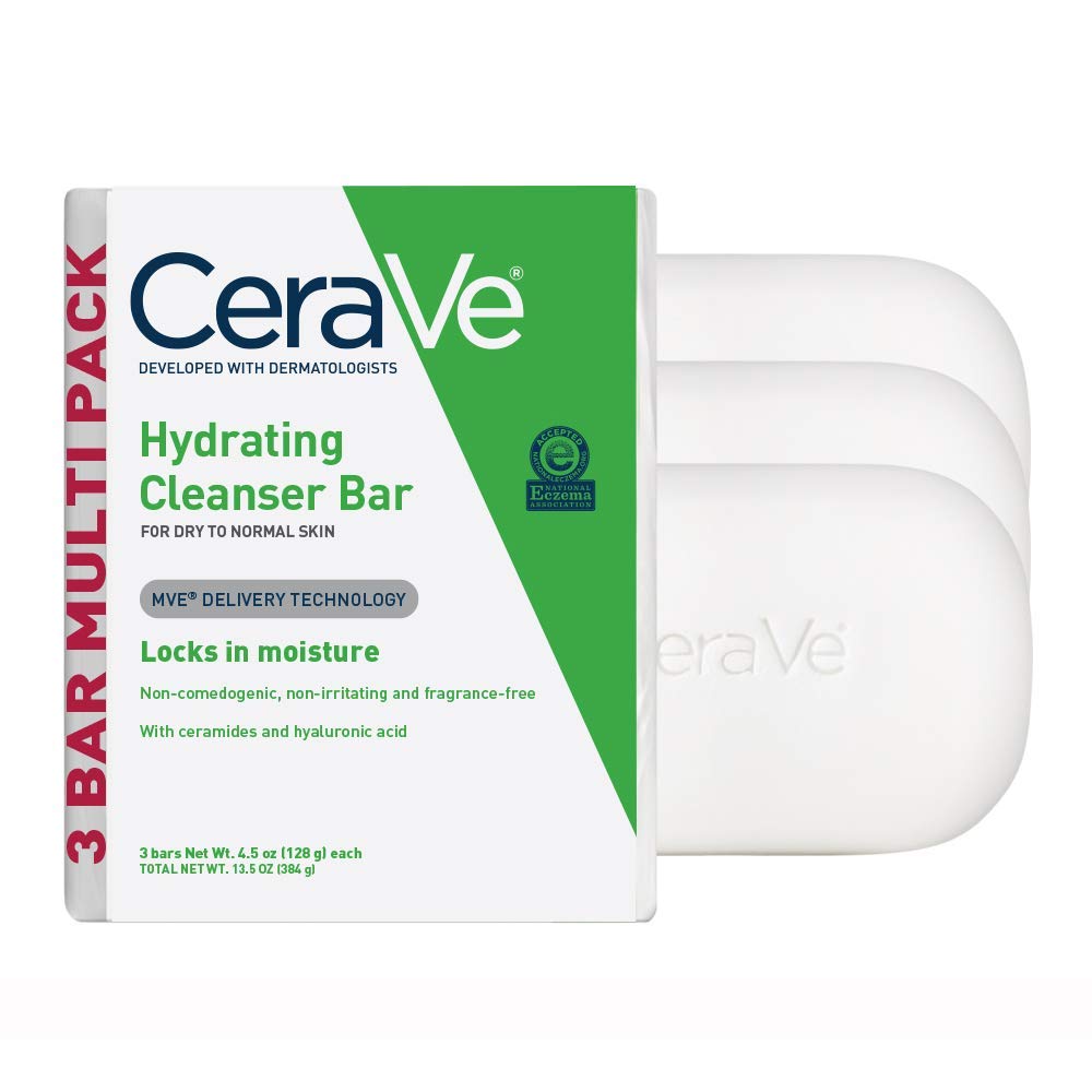CeraVe Hydrating Cleanser Bar | Soap-Free Body and Facial Cleanser with 5% Moisturizing Cream | 3-Pack, 4.5 Ounce Each