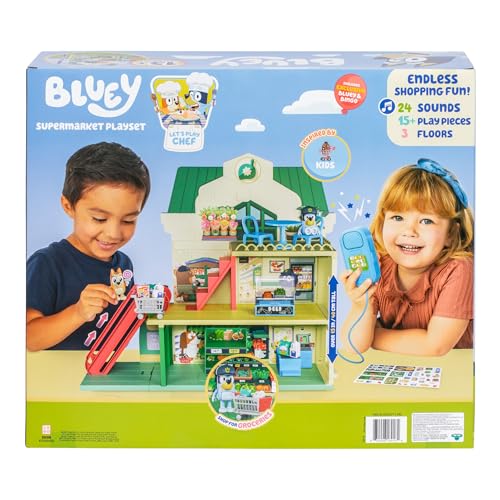 Bluey and Bingo Supermarket Playset with Escalator, Pretend Play Toys for Toddlers, Sounds and 15 Pieces, Grocery Store Playset