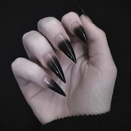 SINHOT Stiletto Press on Nails Extra Long Fake Nails with Glue Glossy False Nails with Black Gradient Designs Full Cover Almond Acrylic Nail 24pcs