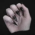 SINHOT Stiletto Press on Nails Extra Long Fake Nails with Glue Glossy False Nails with Black Gradient Designs Full Cover Almond Acrylic Nail 24pcs