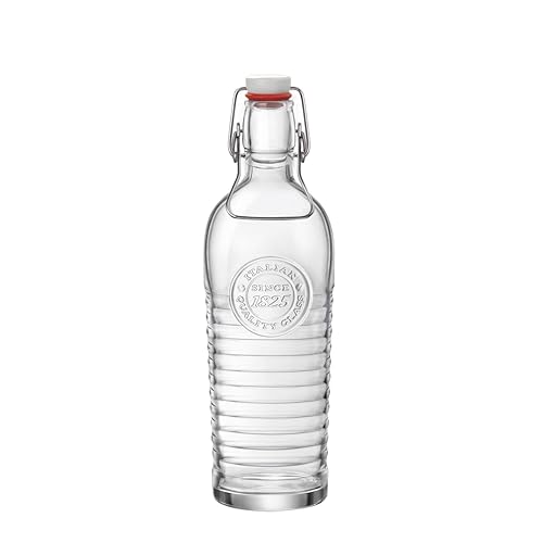 Bormioli Rocco Officina Water Bottle | 37.25 oz, Italian Glass Pitcher | Airtight Seal & Metal Clamp | Easy To Carry Handle, Dishwasher Safe