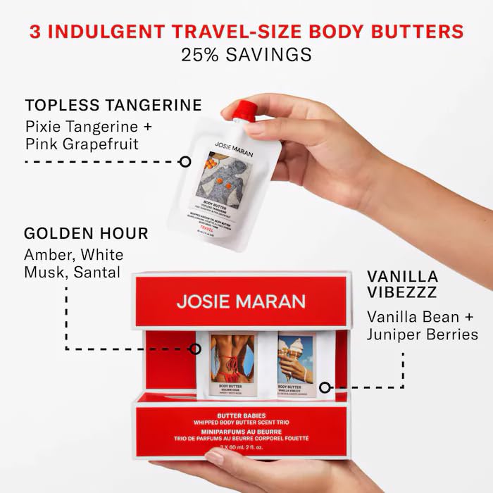 Josie Maran Butter Babies 3-Piece Body Butter Minis Kit | Whipped Argan Oil Body Butter Trio Cream | Hydrating and Moisturizing | 3 x 60 mL 2 fl. oz.