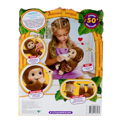 Little Live Pets My Baby Monkey Mango, 50+ Sounds and Reactions, Plush Interactive Monkey Toy Set with Accessories, Interactive Pets for Kids Ages 4+