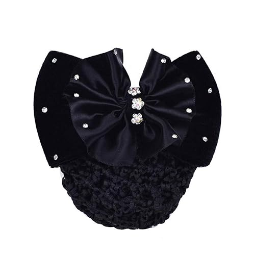 1PCS Black Rhinestone Satin Bow Barrette Bowknot Snood Net Barrette Hair Clip Bun Cover Hairnet Bowknot Decor French Hair Clip Women Girls Hair