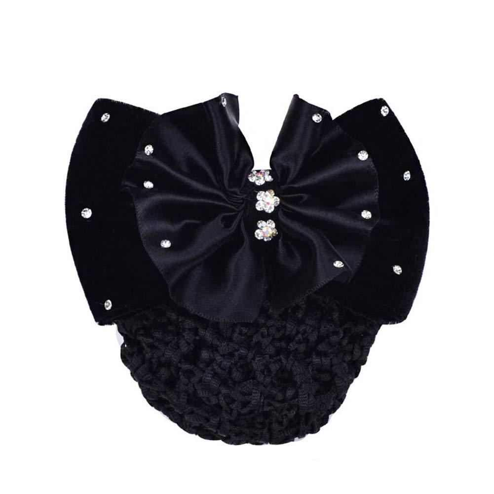 1PCS Black Rhinestone Satin Bow Barrette Bowknot Snood Net Barrette Hair Clip Bun Cover Hairnet Bowknot Decor French Hair Clip Women Girls Hair