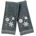 Serafina Home Christmas Hand Bathroom Towels, Set of 2, Embroidered Snowflakes and Stars, Dark Grey Velour Terry Cotton 16" x 25", Winter Holiday…