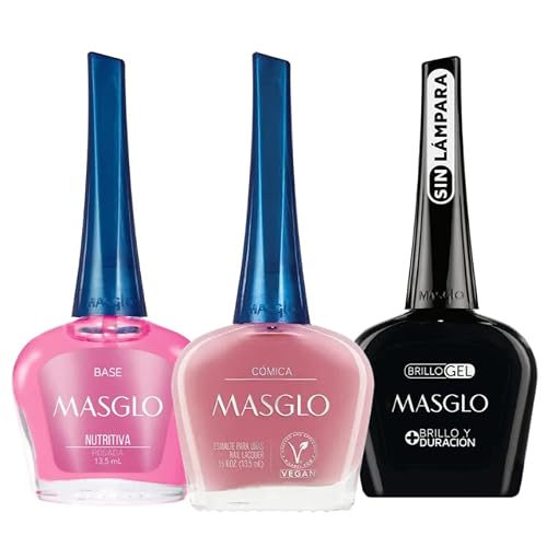 MASGLO Traditional Nail Polish 0.5 Fl. Oz. 3 piece kit with NUTRITIVE ROSE BASE, color COMICA and TOPCOAT GEL Beauty & Personal Care MASGLO