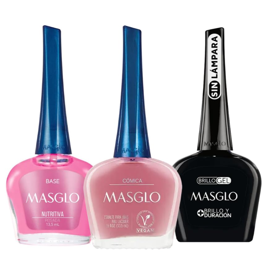 MASGLO Traditional Nail Polish 0.5 Fl. Oz. 3 piece kit with NUTRITIVE ROSE BASE, color COMICA and TOPCOAT GEL Beauty & Personal Care MASGLO