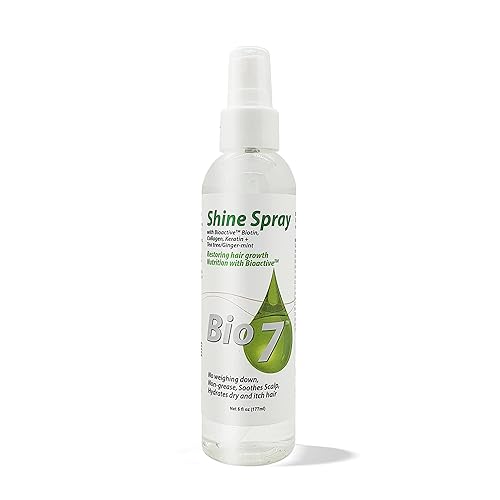 BIO7 SHINE SPRAY W/ BIOACTIVE BIOTIN, COLLAGEN, KERATIN + TEA TREE/GINGER-MINT - 6 Fl Oz - Leave Natural Hair, Wigs, and Weaves with a Glossy Shine