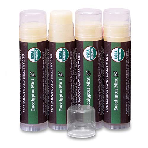 Earth's Daughter USDA Organic Lip Balm Stocking Stuffers 4-Pack Eucalyptus Mint Flavor - Beeswax, Coconut Oil, Vitamin E - Best Lip Repair Chapstick