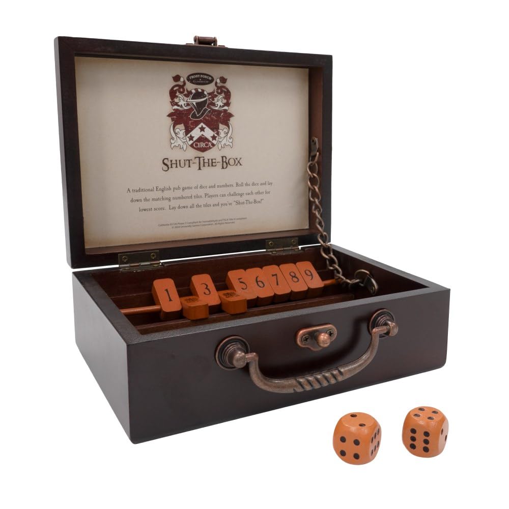 Front Porch Classics, Circa Shut the Box, Wooden 9 Number Dice Game with Case for Travel, for Adults and Kids Ages 8 and Up