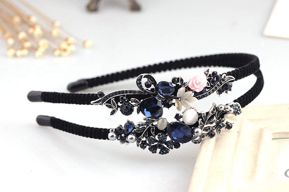 2PCS Women Lady Crystal Headband With Flower Beaded Metal Hard Headpiece