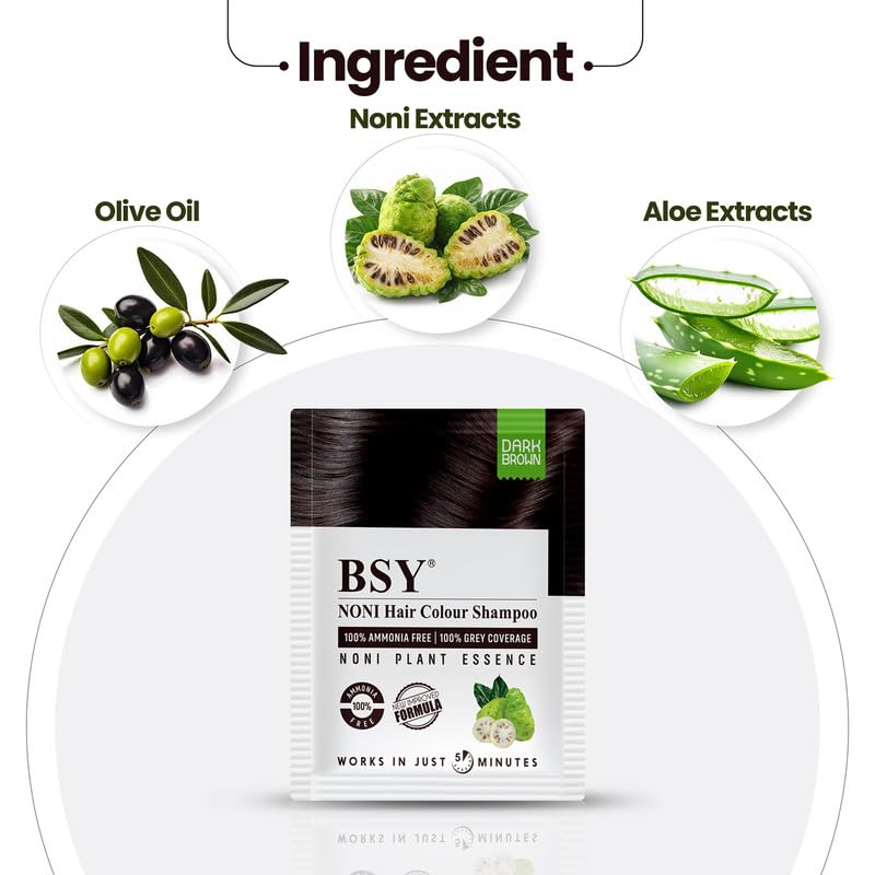 BSY Noni Dark Brown Hair Color Shampoo, Hair Dye, Hair Color Shampoo, 20mlx10 Sachets (Dark Brown, 20mlx10)
