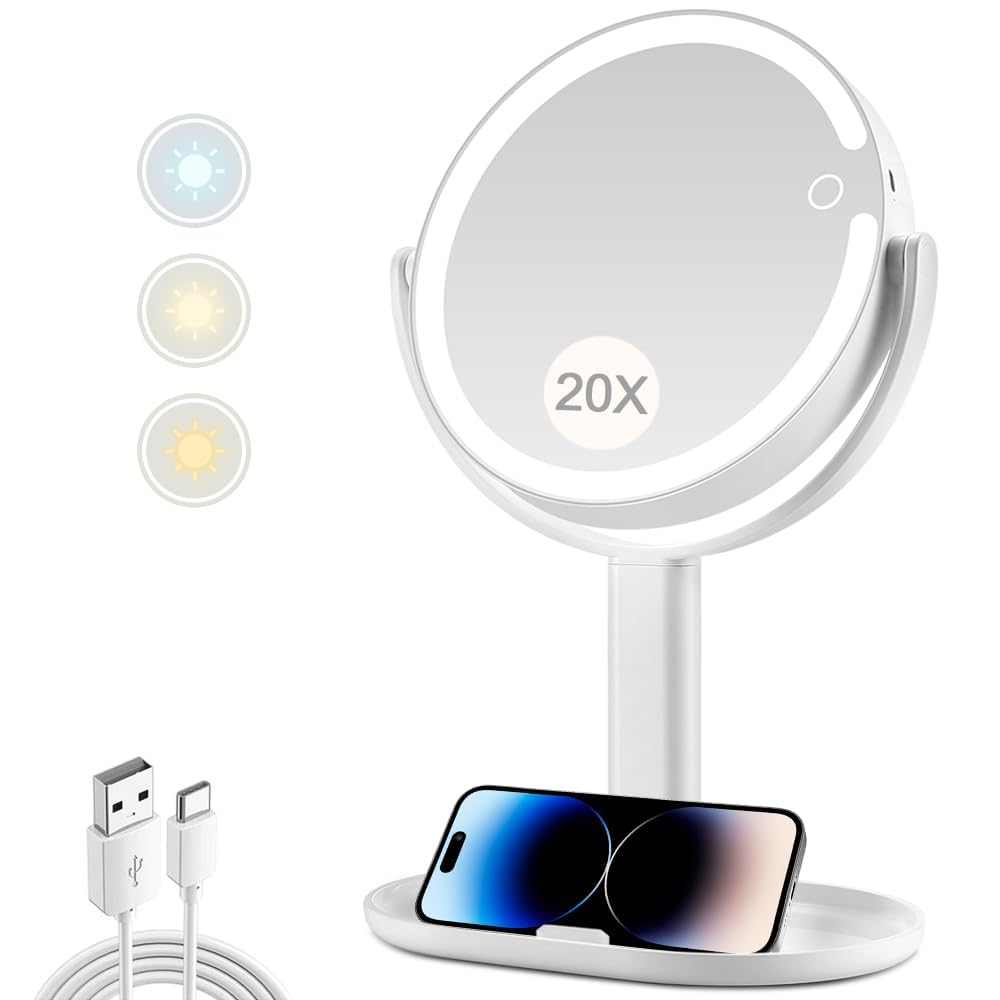 MIYADIVA Makeup Mirror with Lights,20X Magnifying Mirror with Light and Touch Switch,Vanity Mirror with 3 Color Light and 80 LEDs,2-Sided Lighted Beauty and Personal Care MIYADIVA