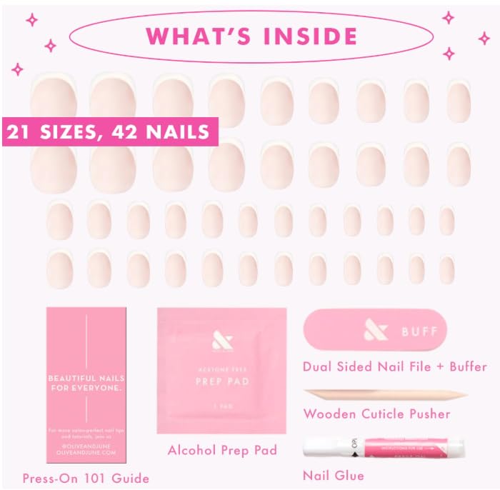 Olive & June Instant Mani Press-On Nails | (Glue) Medium, Almond 42 Fake Nails, 21 Sizes | Non-Toxic, Long-Lasting Recycled Materials Realistic Look | Beauty & Personal Care Olive & June