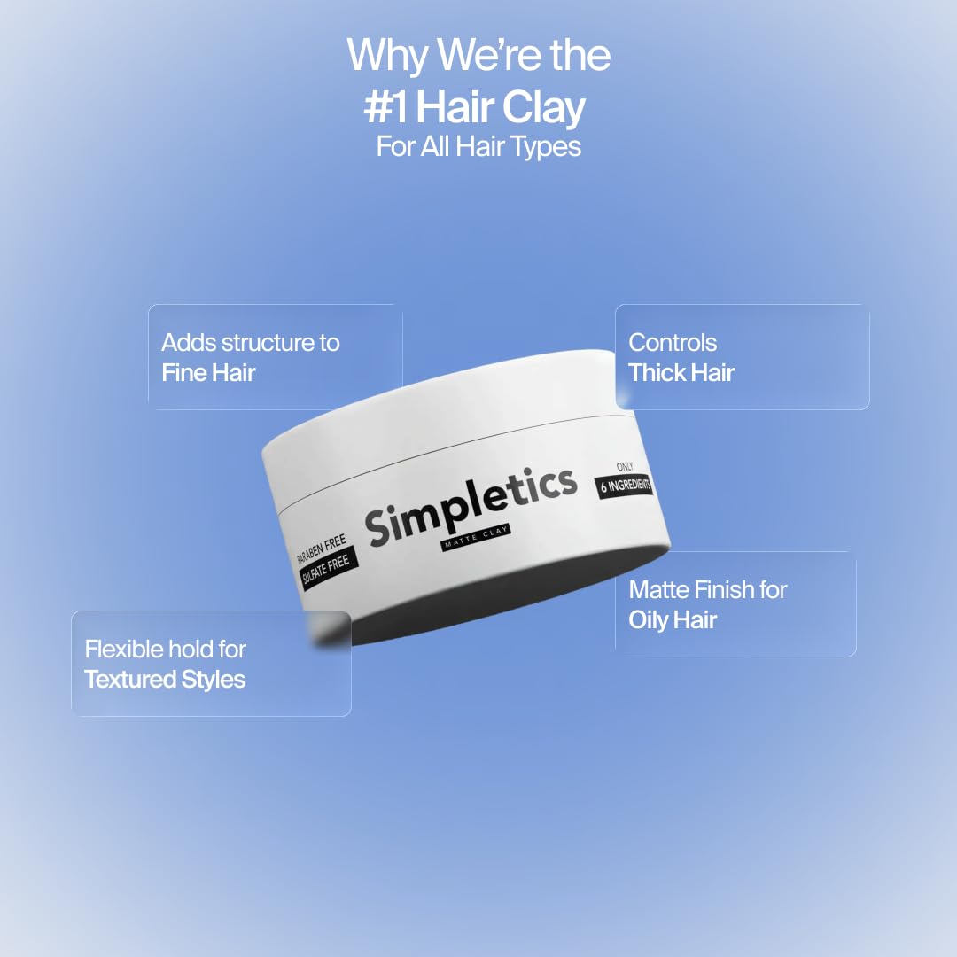 Simpletics Hair Clay for Men (Vanilla Scent) - Natural 6 Ingredient Matte Styling Clay with Beeswax & Coconut Oil - Strong Hold, Water Based