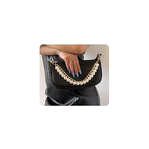 Xerling Short Pearl Bead Purse Handle Chain Heavy Chunky Cuban Handbag Chain Purse Replacement Strap Layered Bag Decoration Accessories Women (Gold)