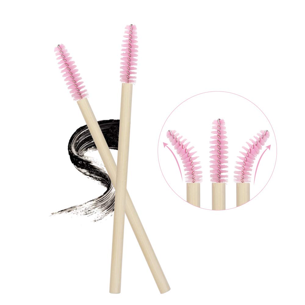 MyAoKuE-UP 100 Pack Bamboo Handle Mascara Wands Disposable Eyelash Brushes Lash Extension Tool, Pink