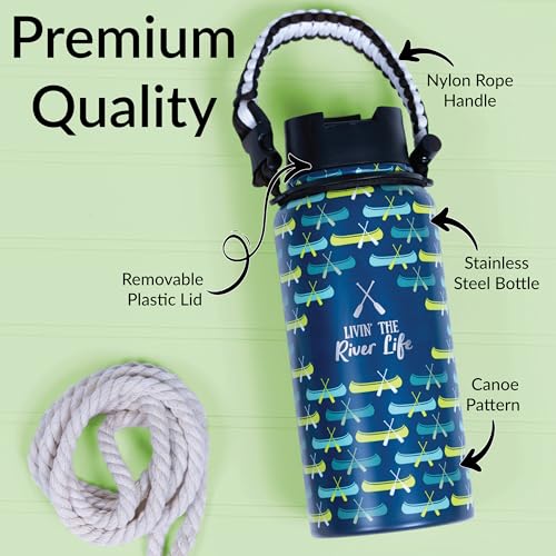 Pavilion Gift Company - Livin' The River Life - 32oz Stainless Steel Travel On The Go Water Bottle Coffee Thermal With Survival Rope Handle - Cabin