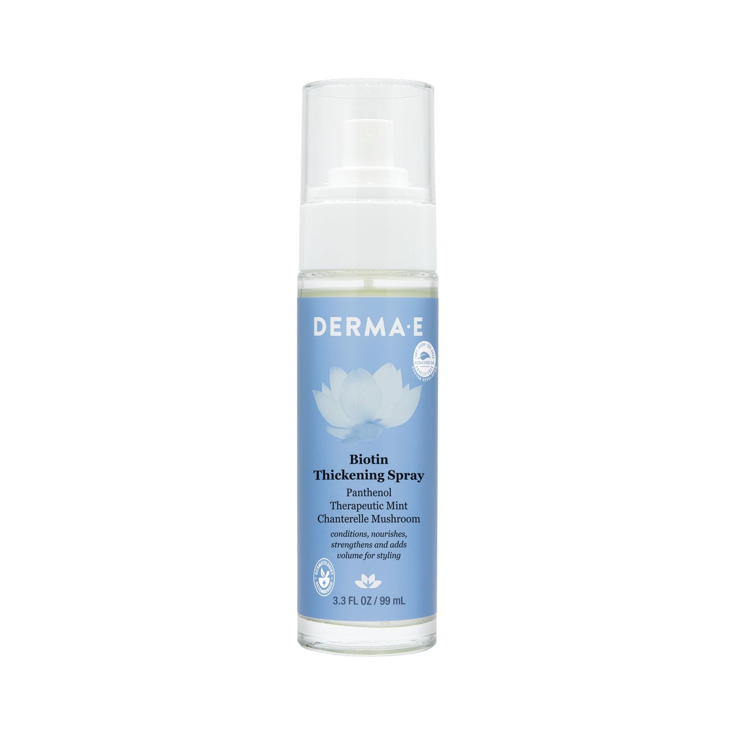 Derma E Biotin Thickening Spray - Volumizing Protein-Enriched Texturizer for Fine Hair with Panthenol, Therapeutic Mint and Chanterelle Mushroom, 3.3