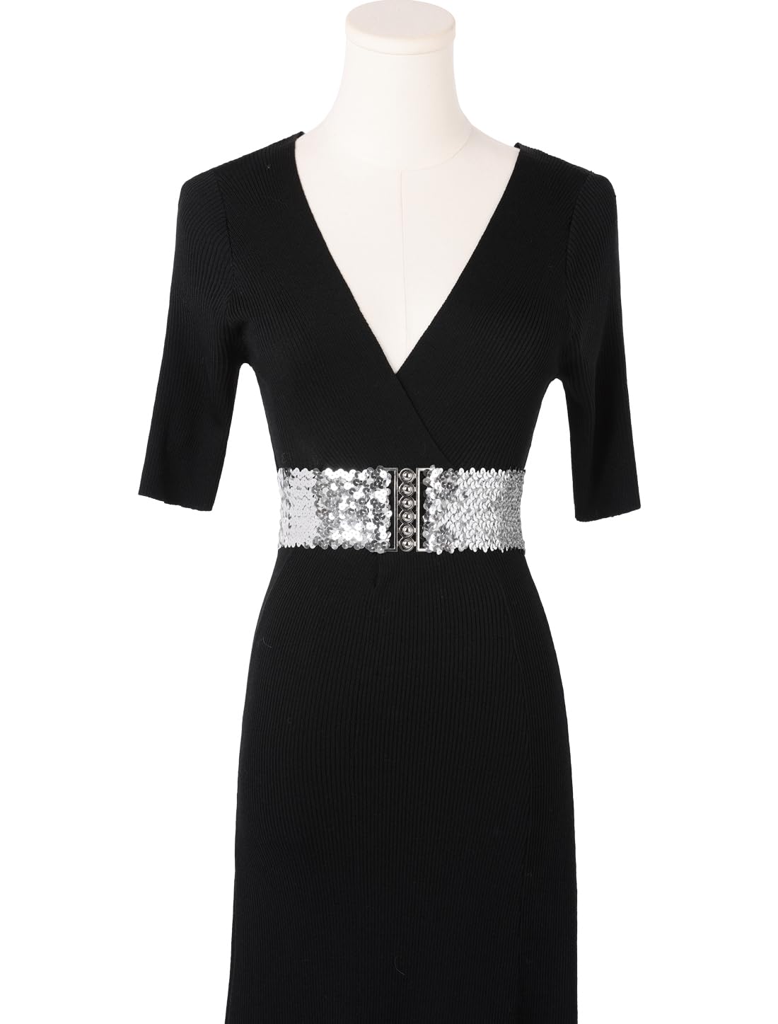 Allegra K Woman Sequin Detail 7cm Wide Textured Strentchy Waist Cinch Belt Waistbelt Silver Tone One Size