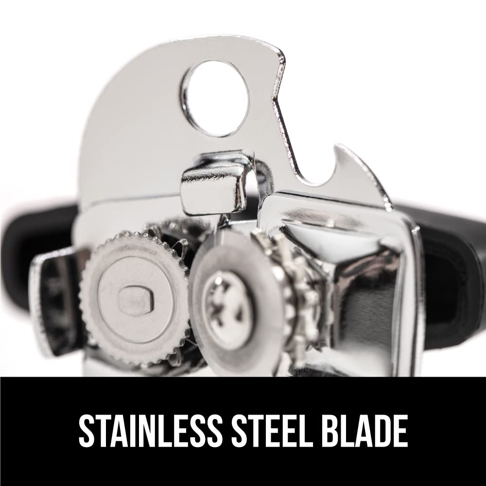 GORILLA GRIP Stainless Steel Can Opener – Smooth Edge Manual Opener with Easy-Turn Knob & Ergonomic Handle – Black