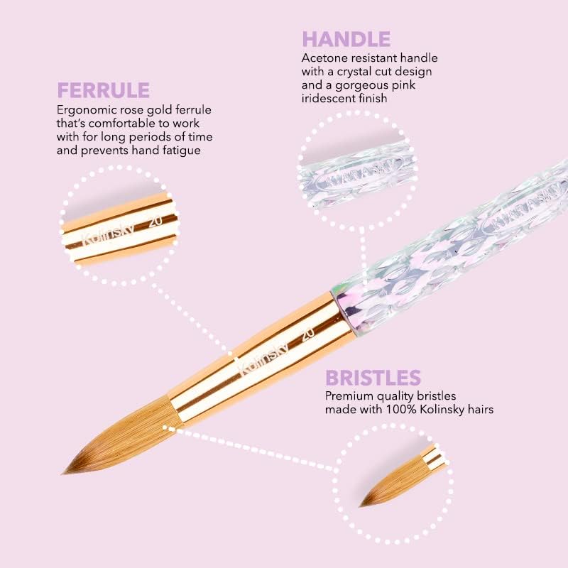 Kiara Sky Kolinsky Acrylic Nail Brush #14 - Pure Kolinsky Sable Hair, Iridescent Crystal Handle, Acetone Resistant, for Acrylic Application Beauty & Personal Care KIARA SKY