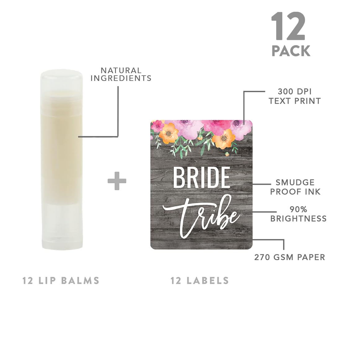 Andaz Press Bridal Shower Bachelorette Party Lip Balm Party Favors, Florals On Gray Rustic Wood, Bride Tribe, Bridesmaid Lip Gloss 12-Pack Lip Balm